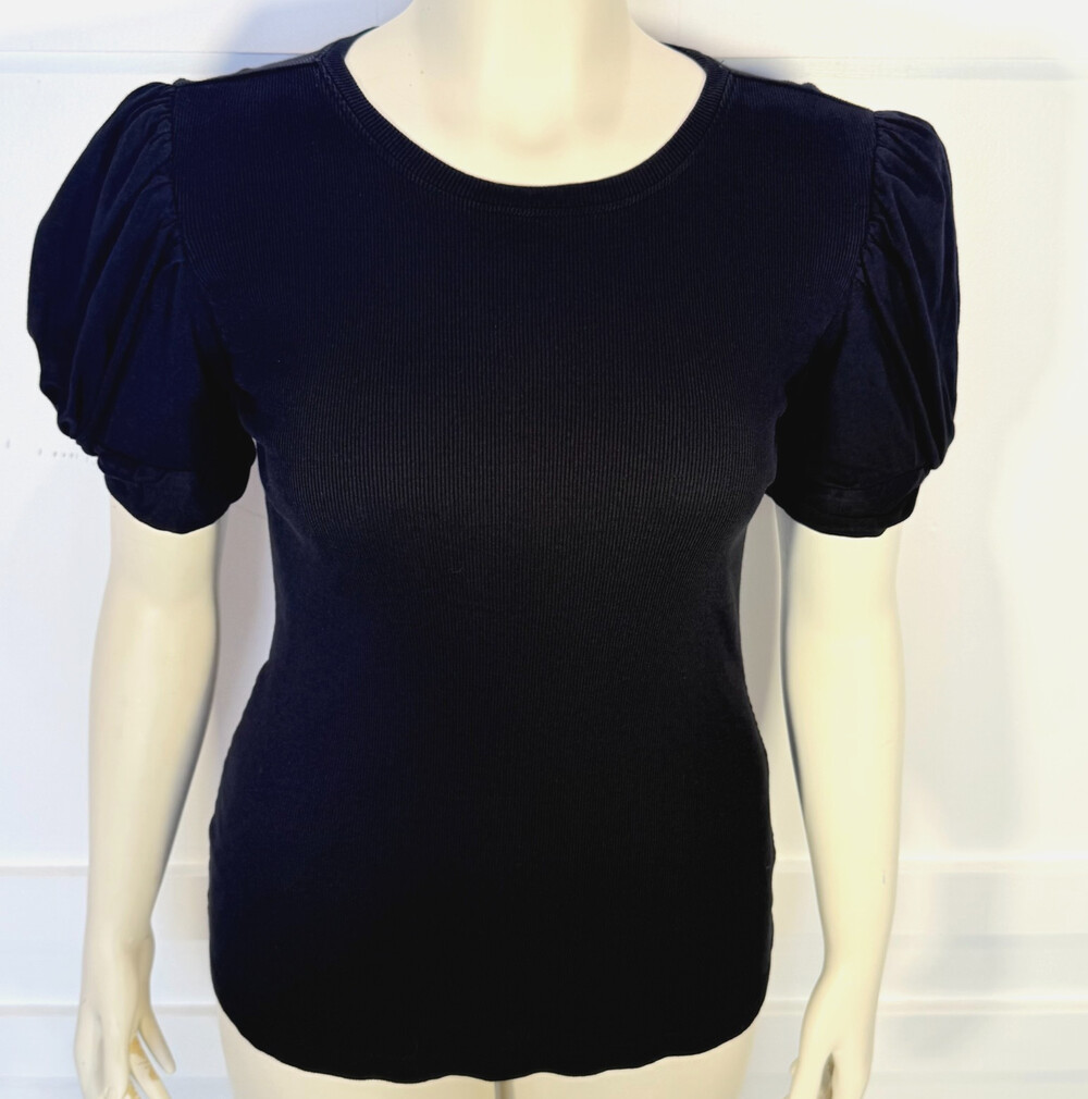 1. STATE Knit Top Blouse Women's L Puff Sleeve Black Ribbed Crew Neck